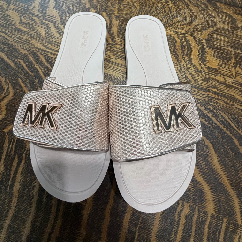 Michael Kors Pale Pink Rose Gold MK Logo Slide Sandals